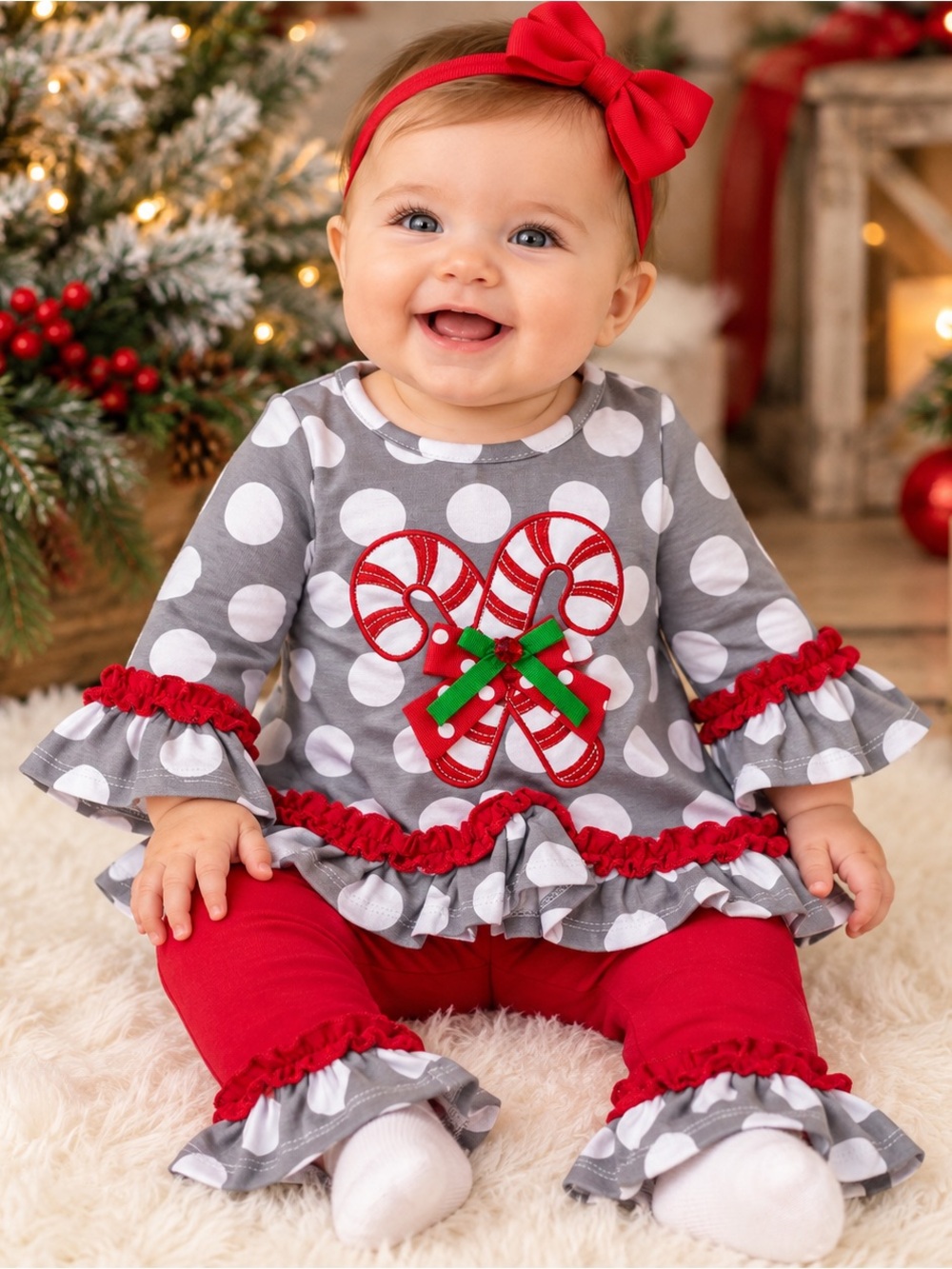 Rare Editions Christmas Candy Cane Outfit Grey Red Polka Dot Set 3-6M